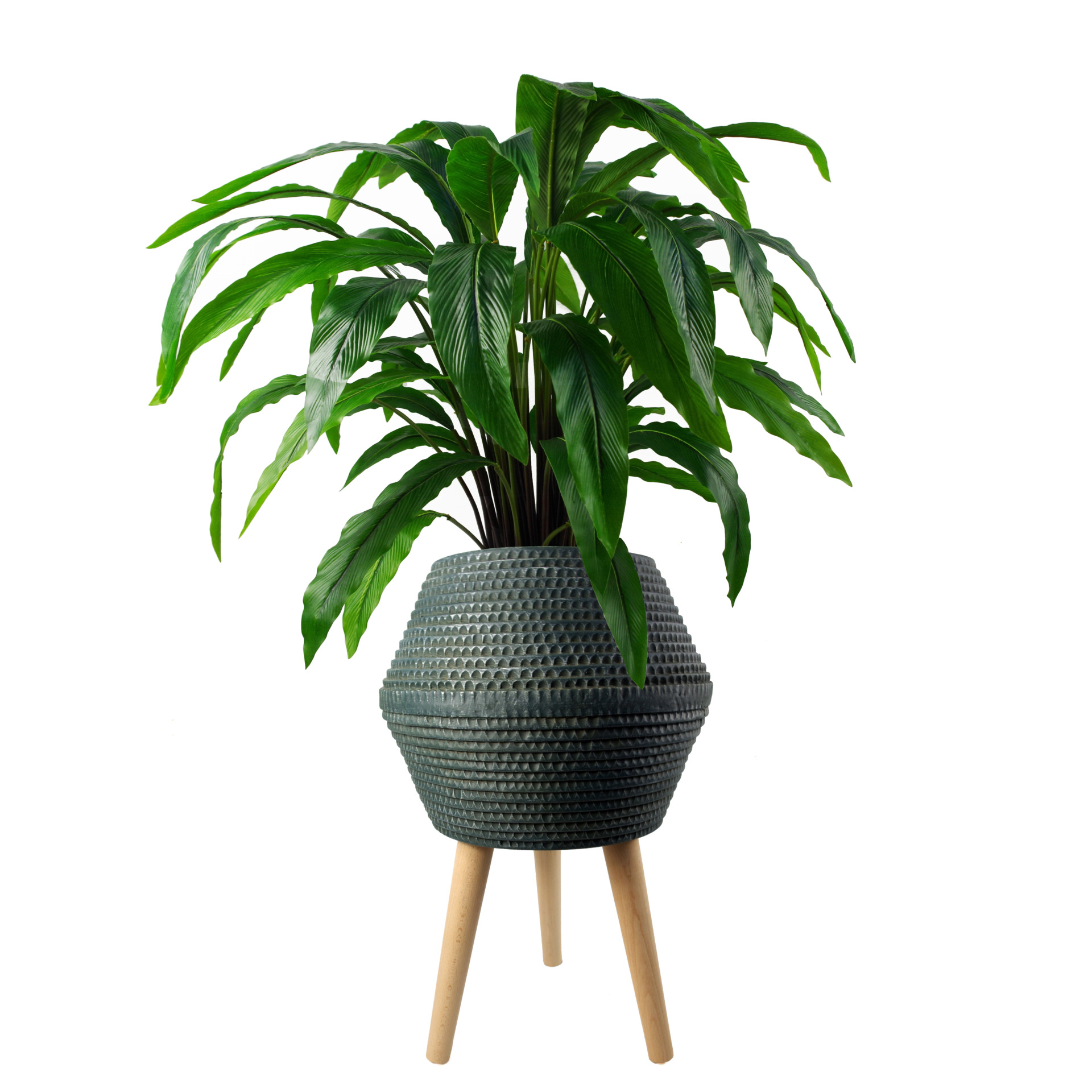Large Composite Blue Grey Planter with Stand Leaf Artificial Plants