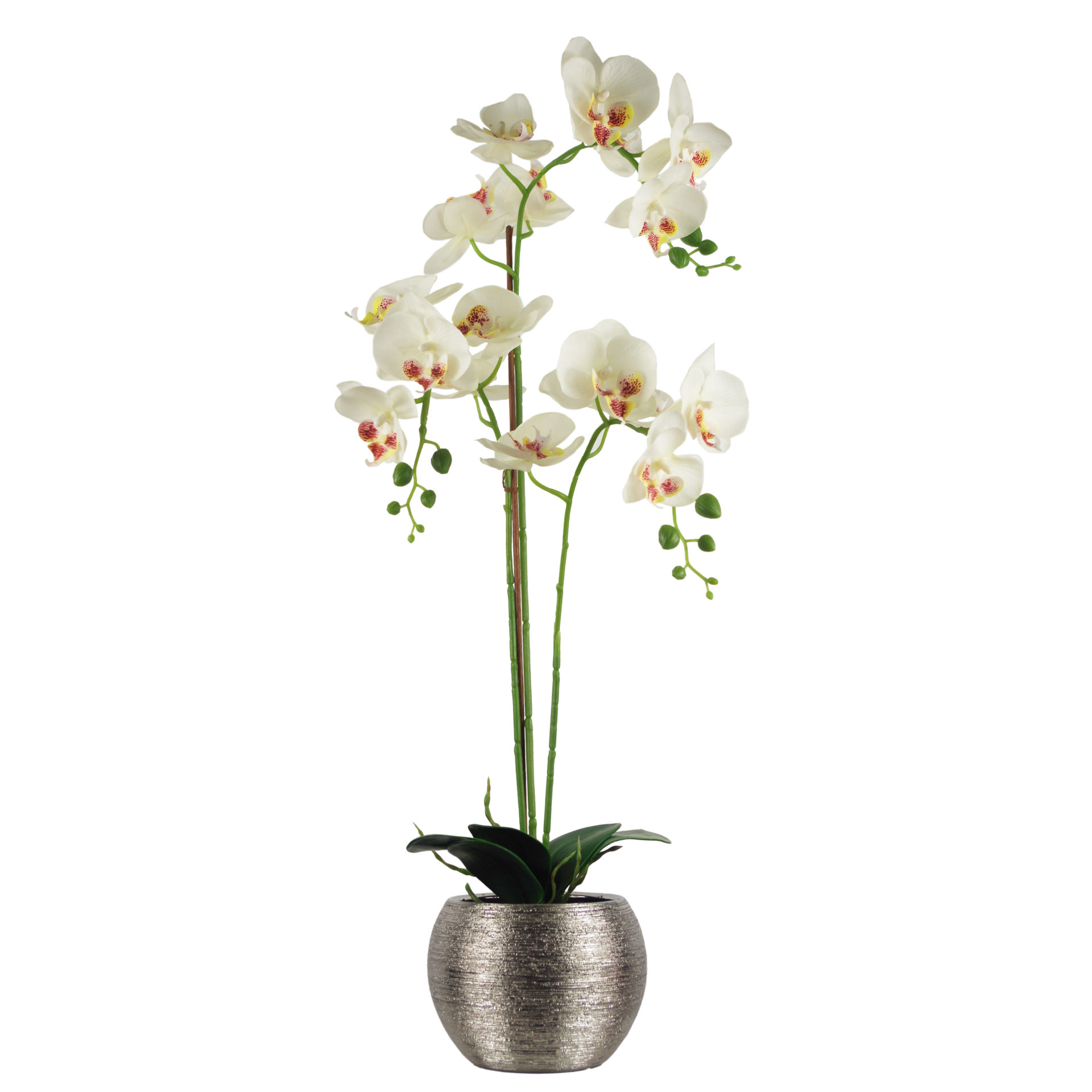 70cm Artificial Orchid White with Silver Ceramic Planter Leaf