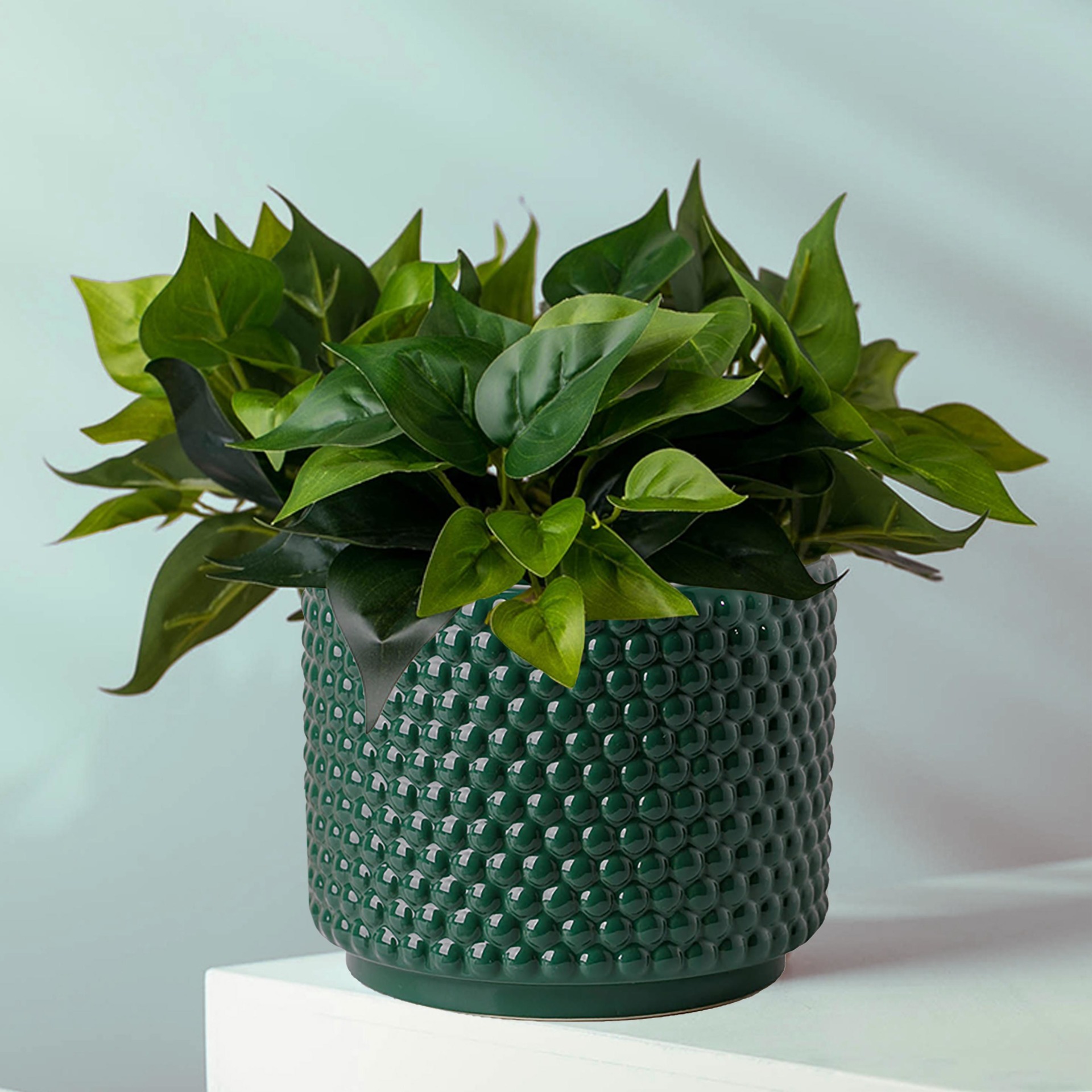 Green Raised Dots Ceramic Plant Pot 15 x 15 x 12.5cm Leaf Artificial