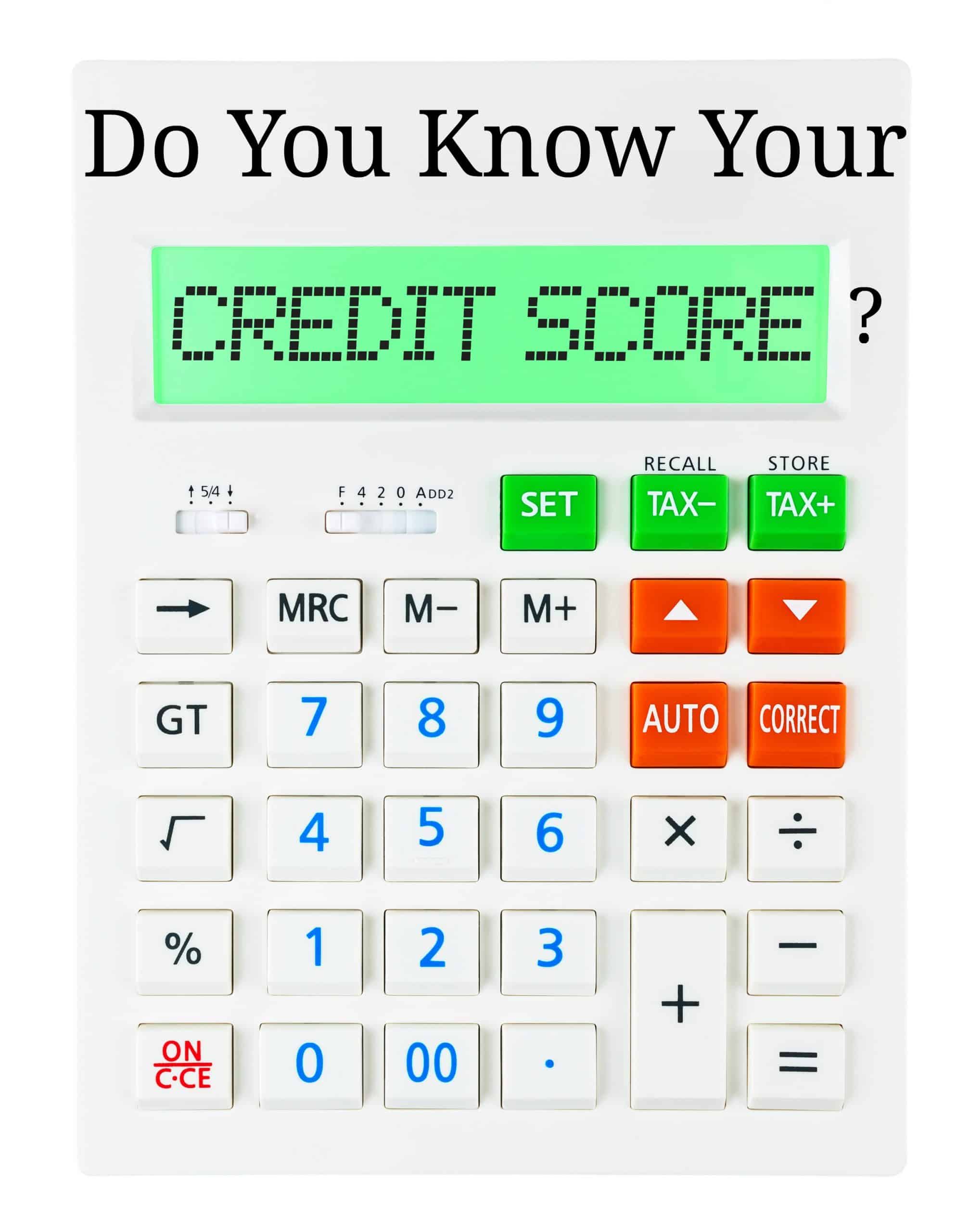 Calculator with CREDIT SCORE on display isolated on white background