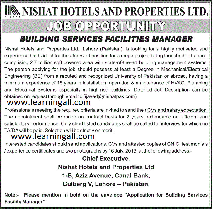 Building Service Manager Jobs in Nishat Hotels & Properties