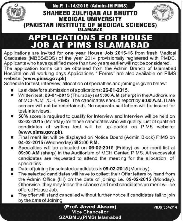 Applications for House Job at PIMS Islamabad 2020