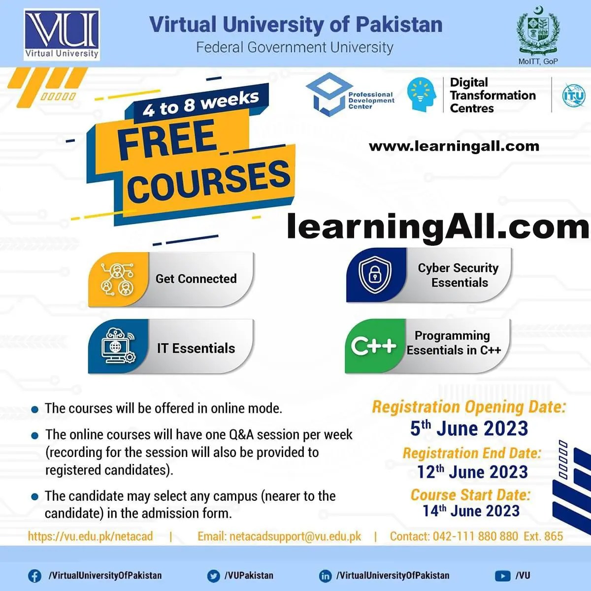 Virtual University of Pakistan Free Courses 2024 Apply Online