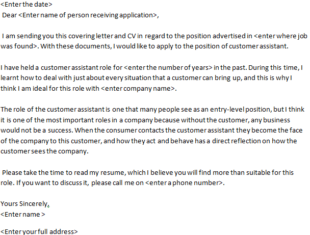 Customer Assistant Job Application Letter Example
