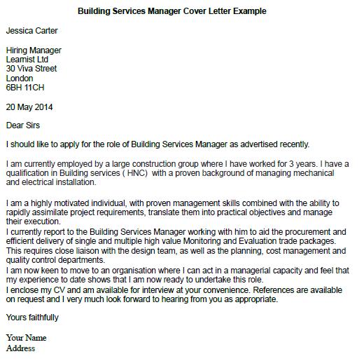 Building Services Manager Cover Letter Example