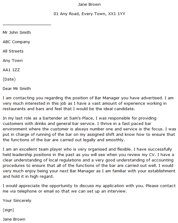 Bar Manager Cover Letter Example