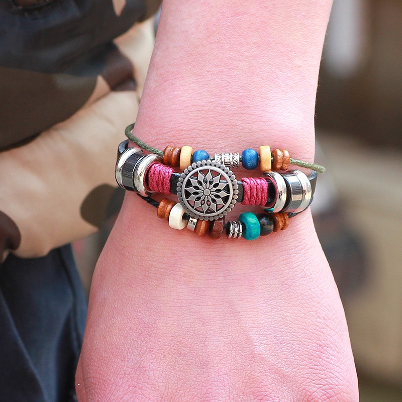 Handmade Leather Bracelet Colourful Tribal Star Flower Leather