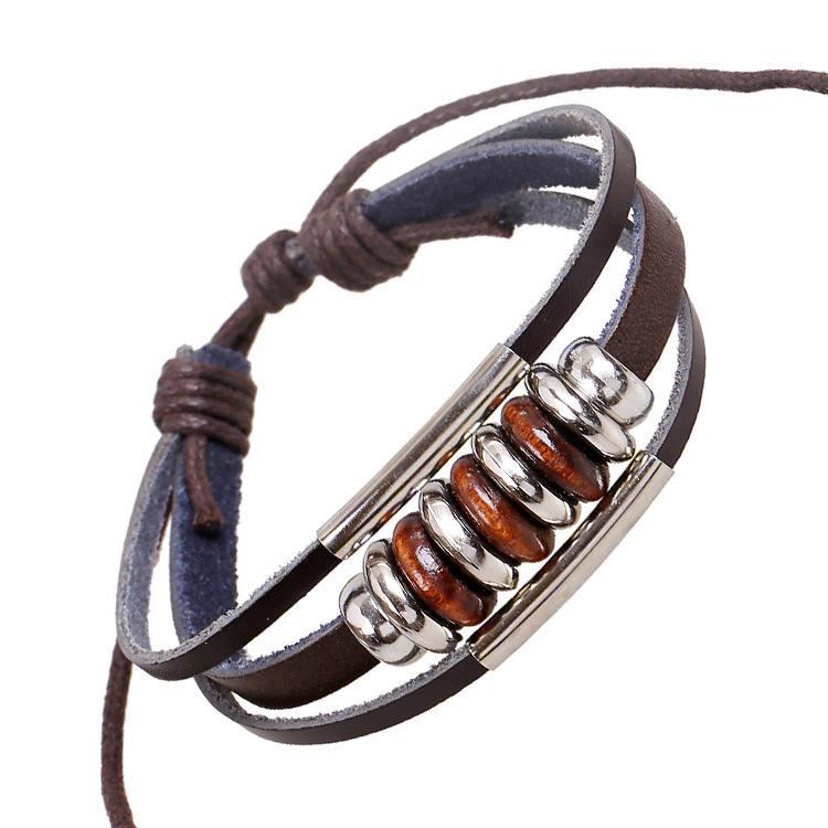 Handmade Leather Bracelet Brown Tribal Wood Beads Bohemian Leather