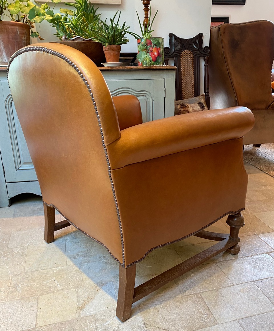 1920s William & Mary Revival Leather Armchair, Leather Chairs of Bath