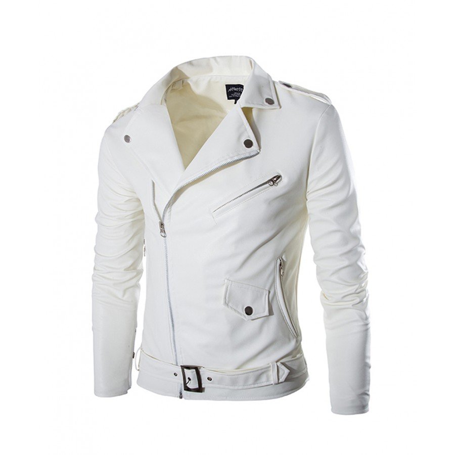Men Slim Fit White Faux Leather Jacket Leather Jacketz