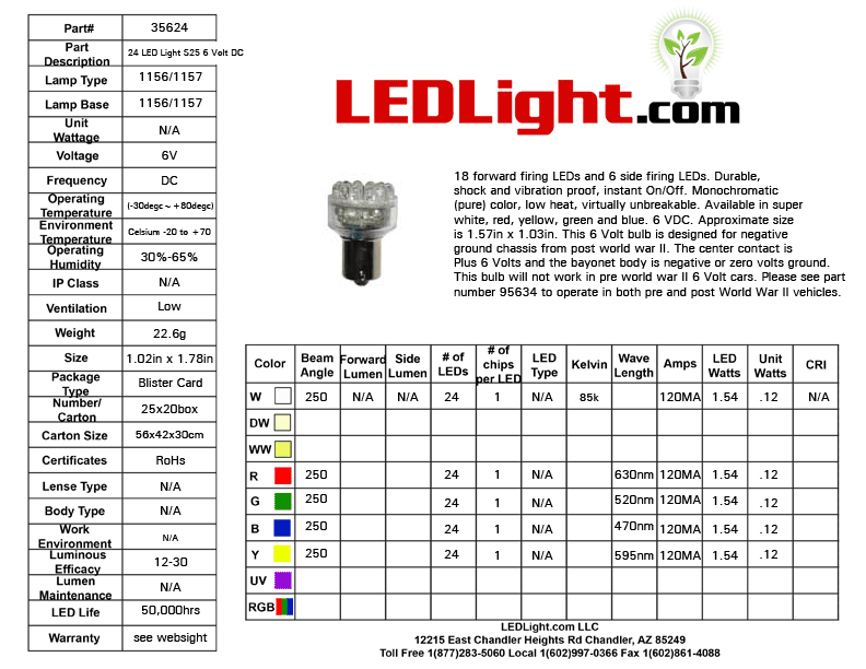 S25 24 LED Light 6 Volt DC 360 Dimmable 360 Degree Viewing Automotive