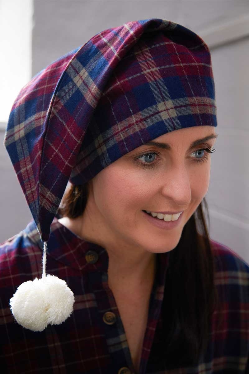 Women's Cotton Flannel Nightcap Maroon Navy Check (LV10