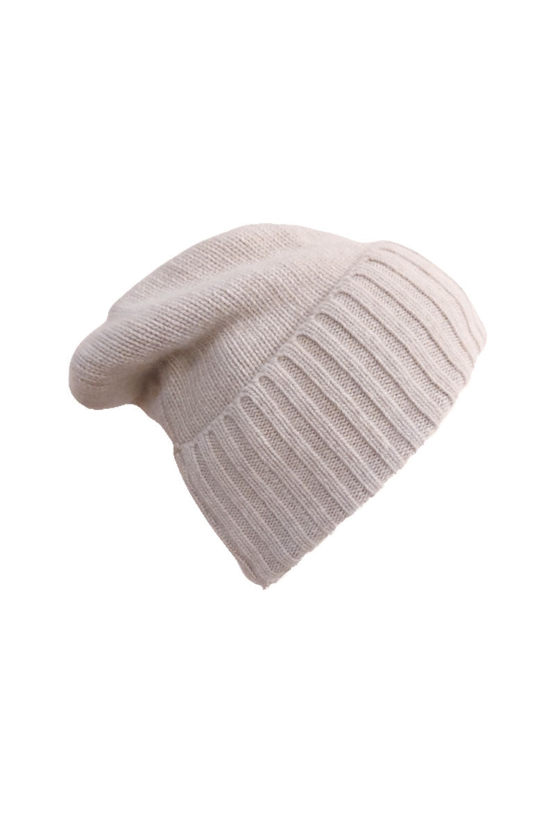 Wool Cashmere Turn Up Beanie Hat Beige