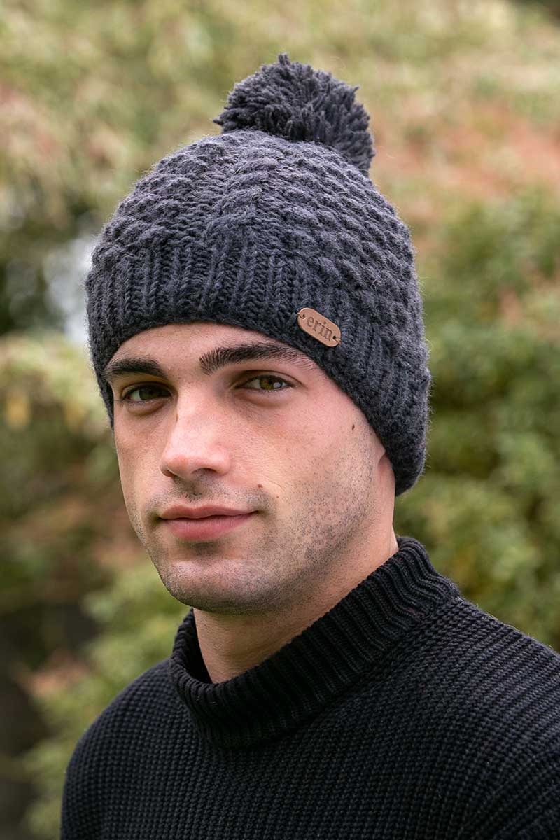 Men's Irish Wool Bobble Hat Charcoal