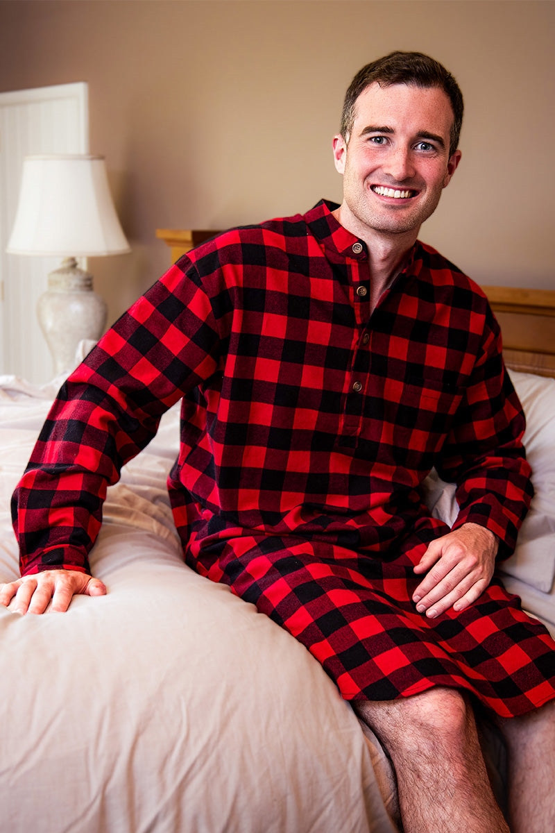 Men's Flannel Nightshirt Red Black Plaid Check (LV9)