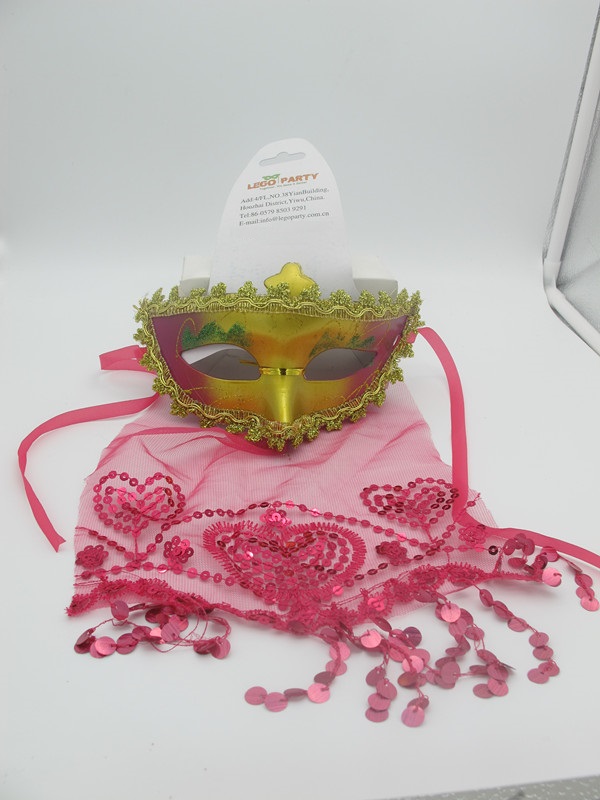 Valentine Day Party Masks Gold Pink Eye Mask with Heart Pink Veil