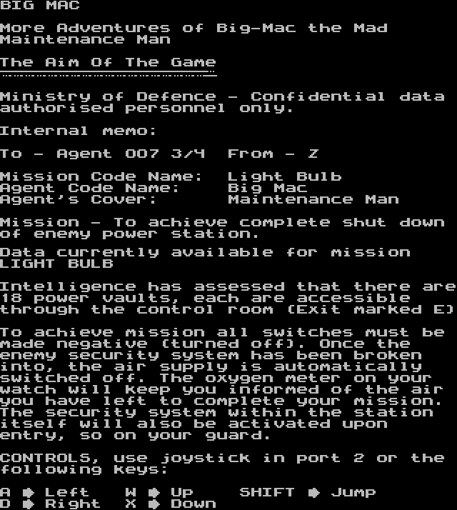 Big Mac The Mad Maintenance Man C64 Documentation, Docs Lemon64