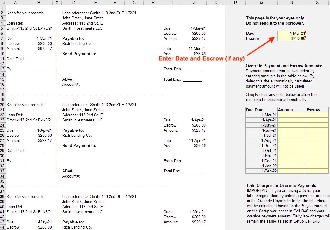 Payment Coupons in Lender Spreadsheet