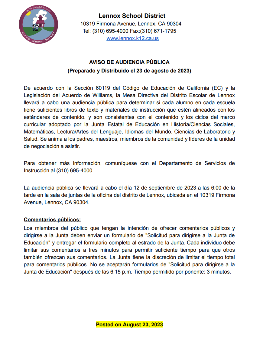 PUBLIC NOTICE Regular Board Meeting 9/12/2023 Lennox School District