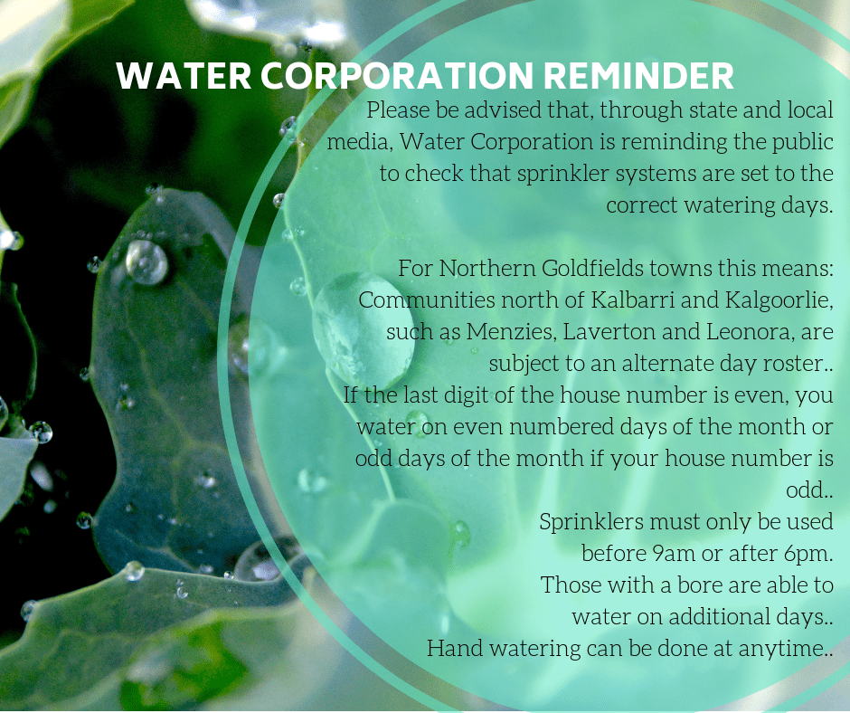 News Story Water Corp Sprinkler Reminder » Shire of Leonora