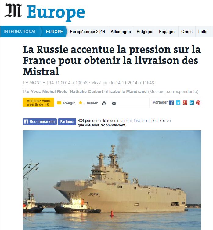Quant à la livraison du second navire de guerre de type mistral, le sébastopol, hollande a déclaré que « cela dépendrait de l'attitude de la russie » en pour rappel, la russie et la france ont signé en 2011 un contrat de 1,2 milliard d'euros pour la construction de deux bâtiments de type mistral pour. Incroyable Livraison Des Mistral Moscou Lance Un Ultimatum A Paris