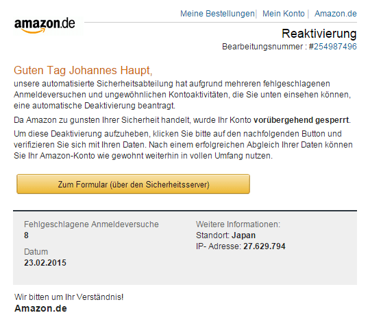 Vorsicht Personalisierte PhishingMails von "Amazon.de" »