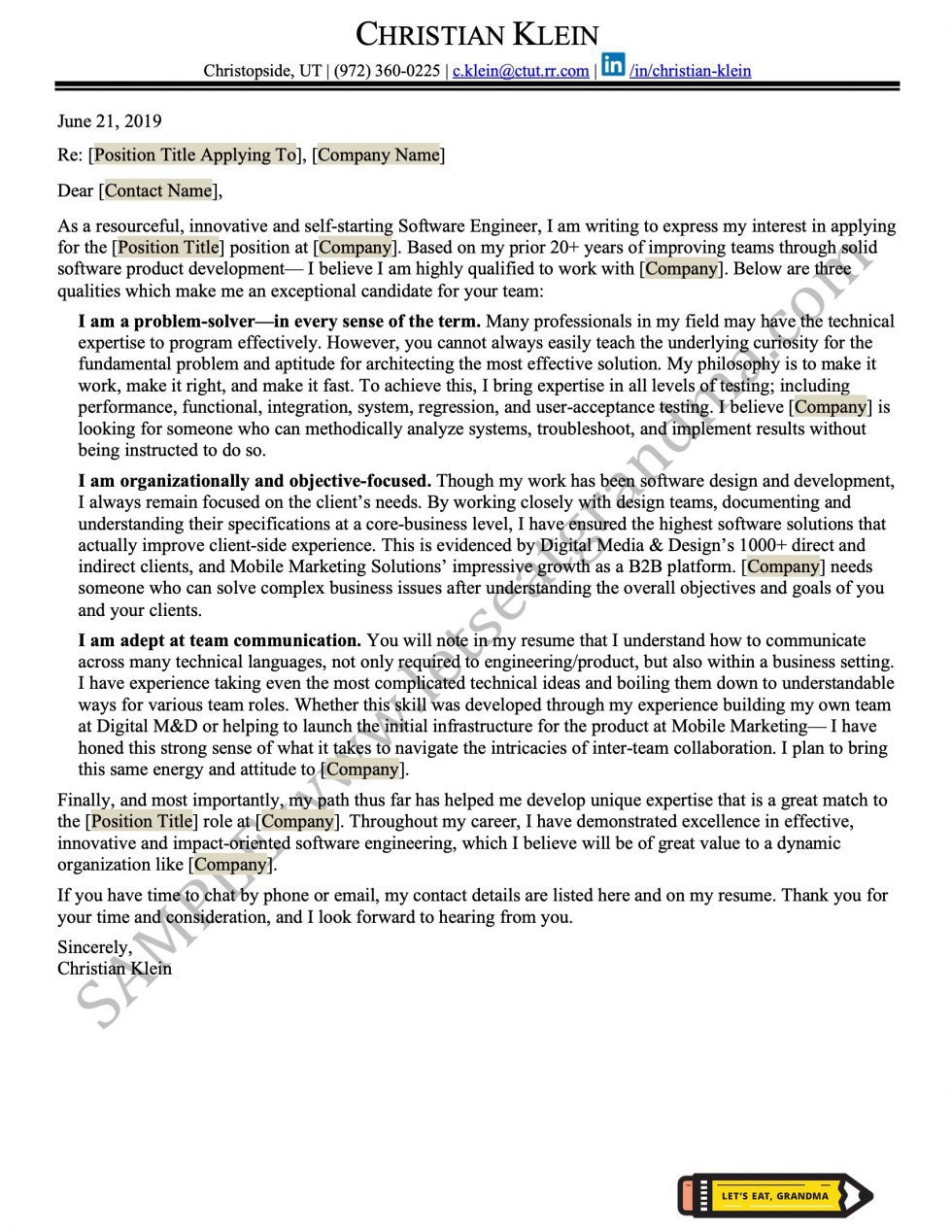 Software Engineer Cover Letter Sample & Guide Let's Eat, Grandma