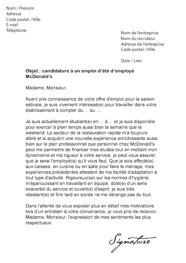 Lettre de démission restauration rapide Modèle de lettre