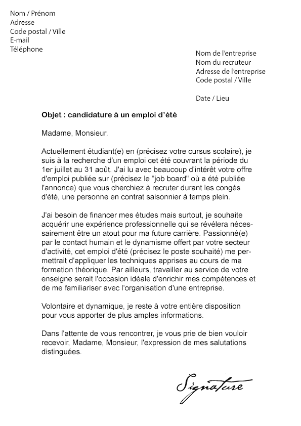 Lettre motivation job été Modèle de lettre