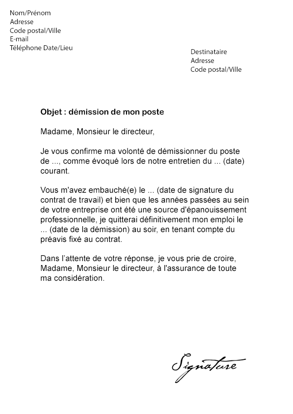 Lettre de démission par mail Modèle de lettre