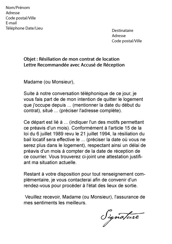 Modele de lettre de préavis location appartement Modèle de lettre