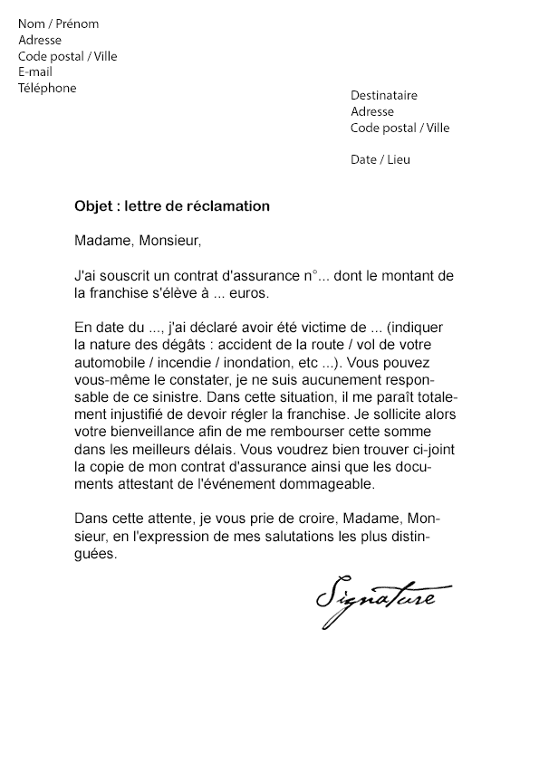 modele courrier banque remboursement frais