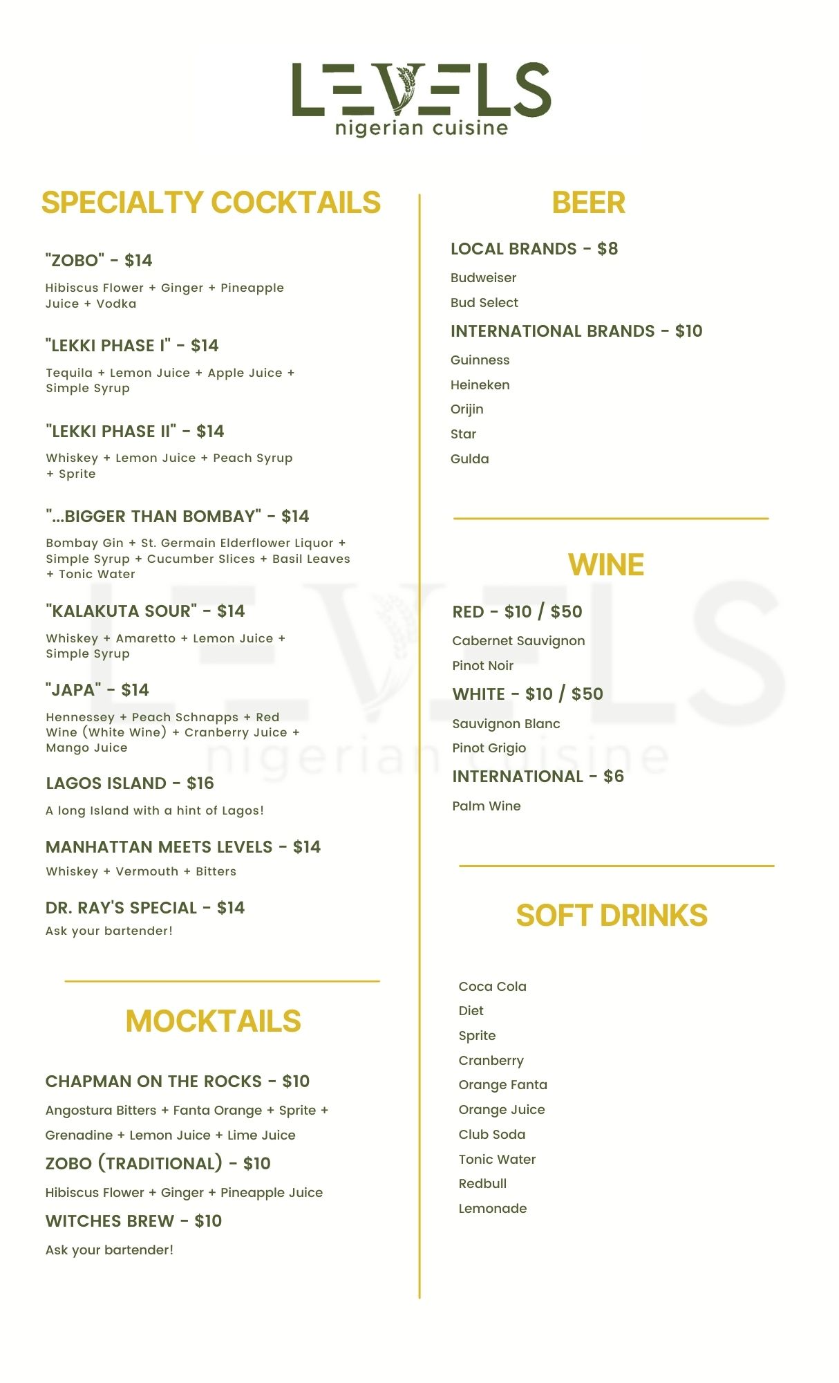 Menus — Levels Restaurant