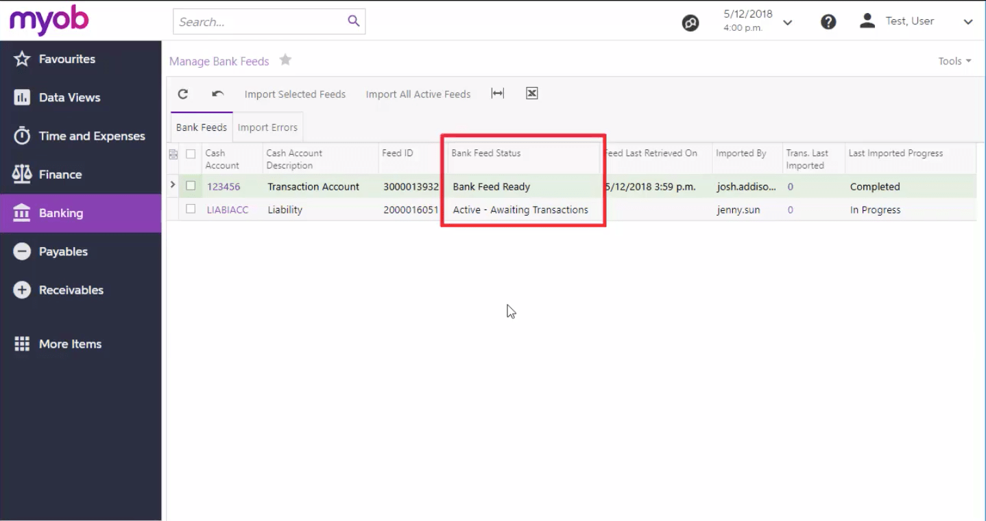 Bank Feed Status interface MYOB Advanced Partner in Australia Book