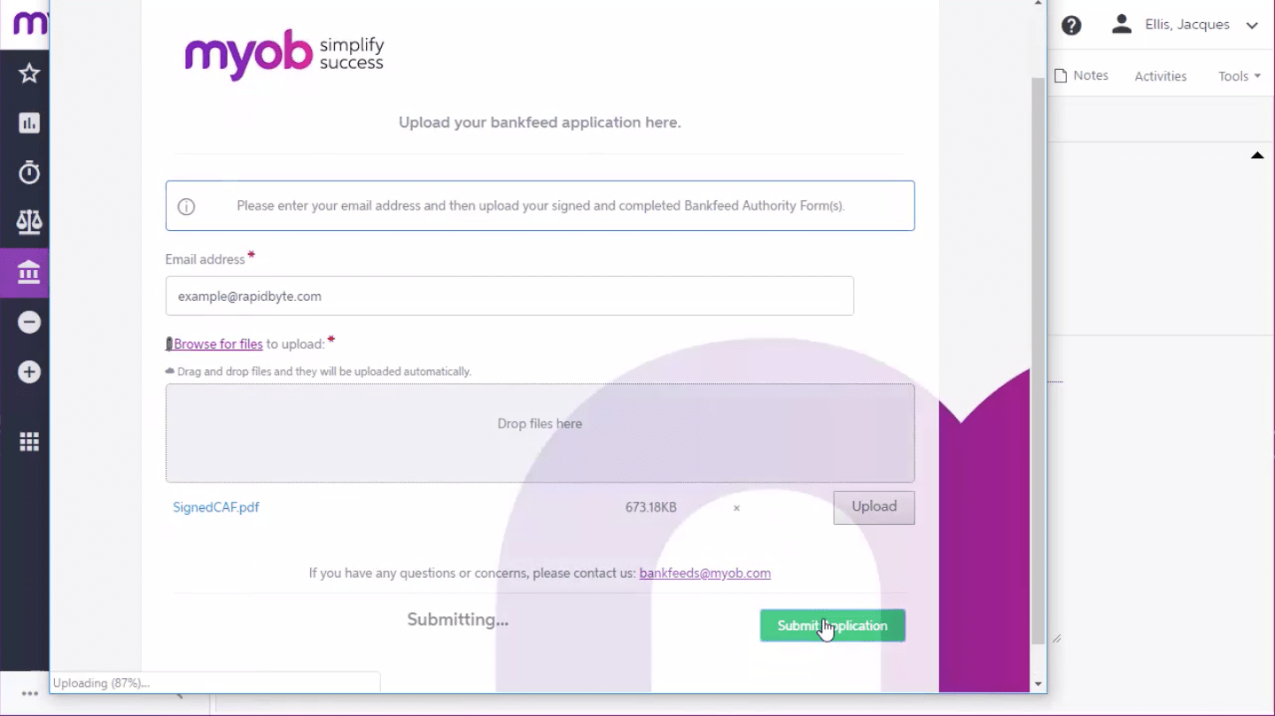 Uploading the signed Bank Feeds application into MYOB Advanced MYOB