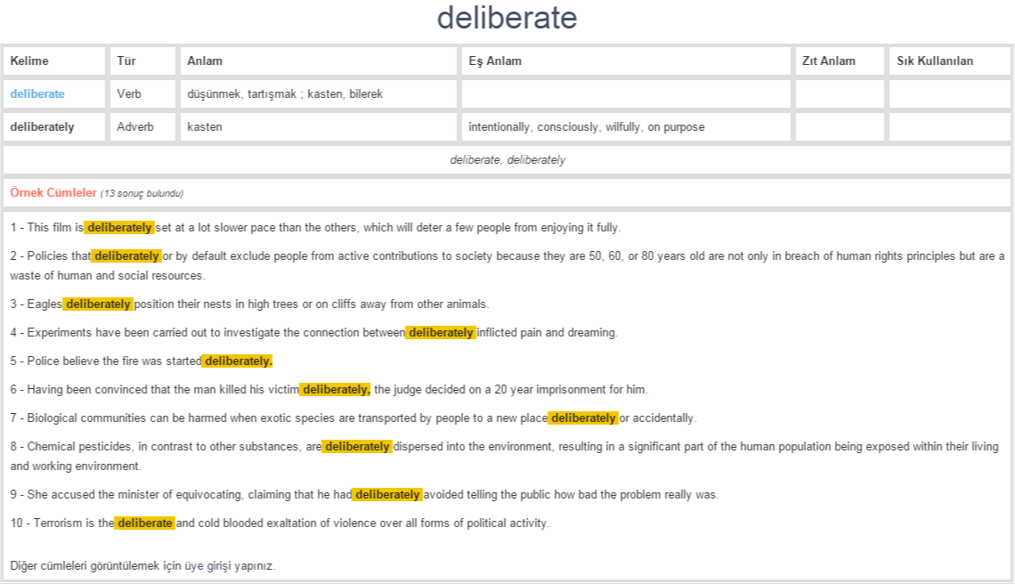 deliberate ne demek, anlamı nedir YDS YÖKDİL İNGİLİZCETÜRKÇE