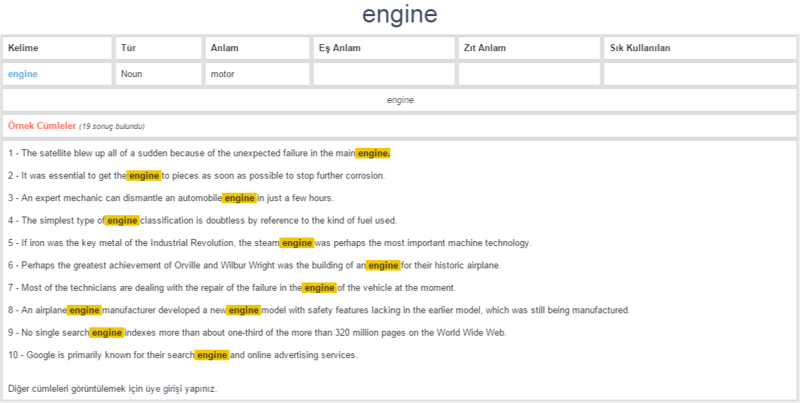 engine ne demek, anlamı nedir YDS YÖKDİL İNGİLİZCETÜRKÇE BAĞLAMSAL
