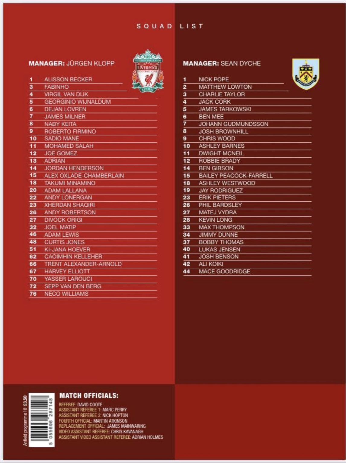 Matchdetails from Liverpool Burnley played on Saturday 11 July 2020