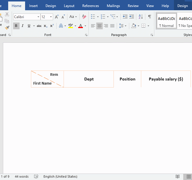 How to repeat header row in word table and make across part retract to