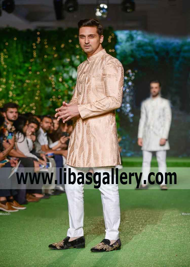 Short length Slim fit Groom Wedding Sherwani in jamawar banarsi fabric