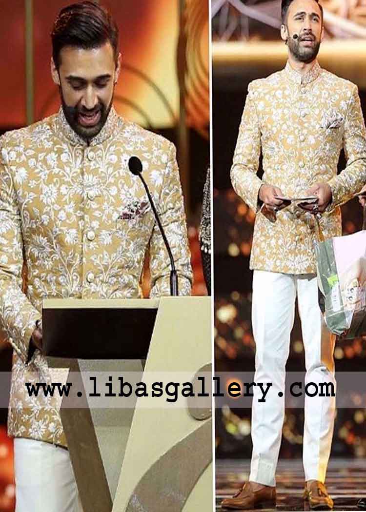 Lemon embroidered wedding prince coat sherwani or call it bandhgala