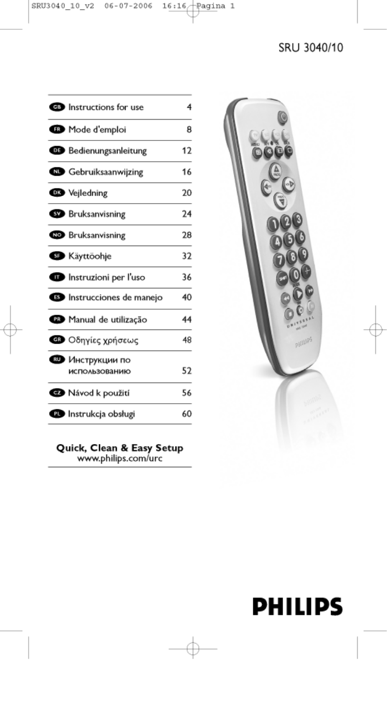 Bedienungsanleitung Philips SRU3040 (Seite 1 von 92) (Deutsch, Englisch