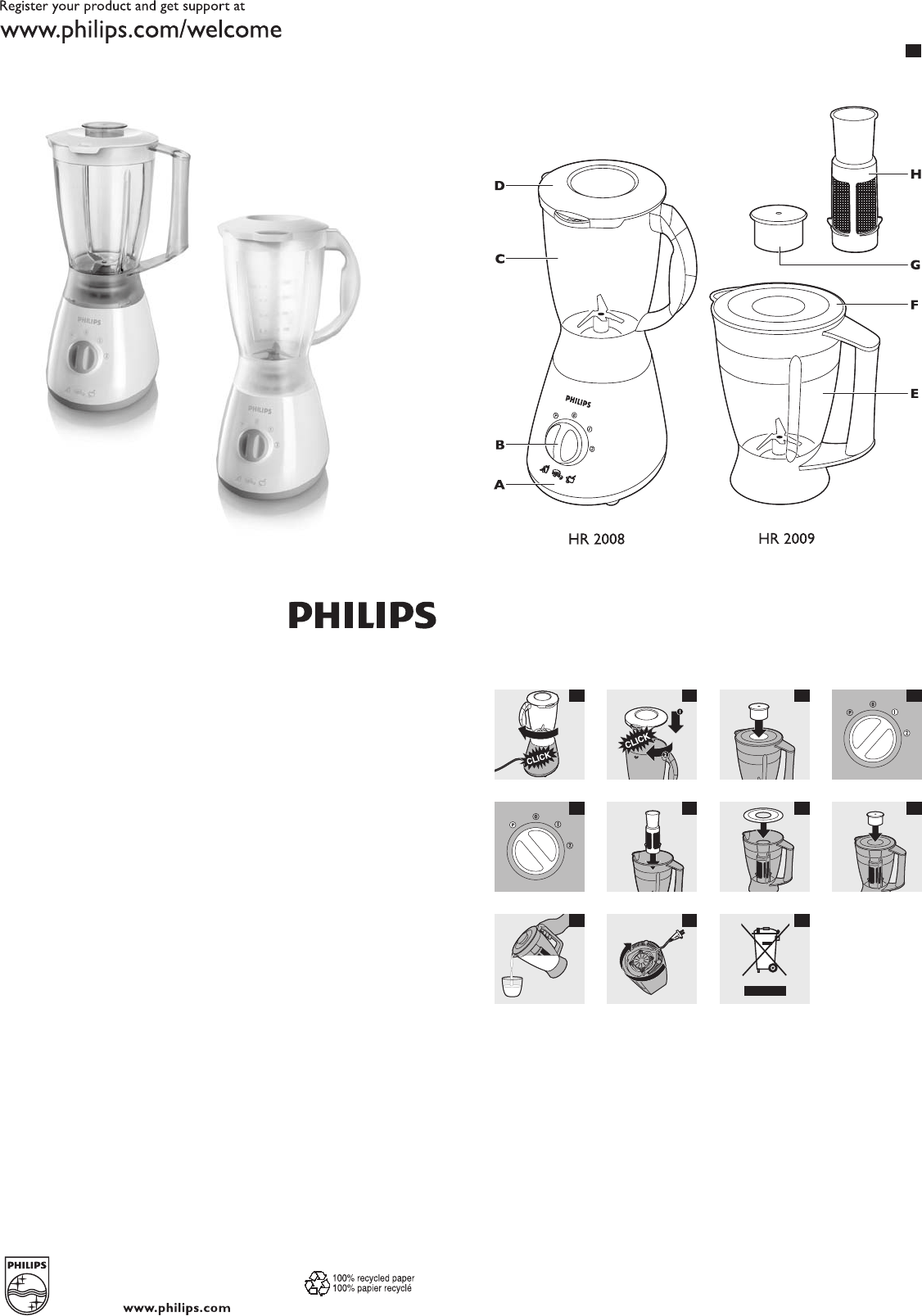 Bedienungsanleitung Philips hr2009 400w 2l blender (Seite 1 von 3