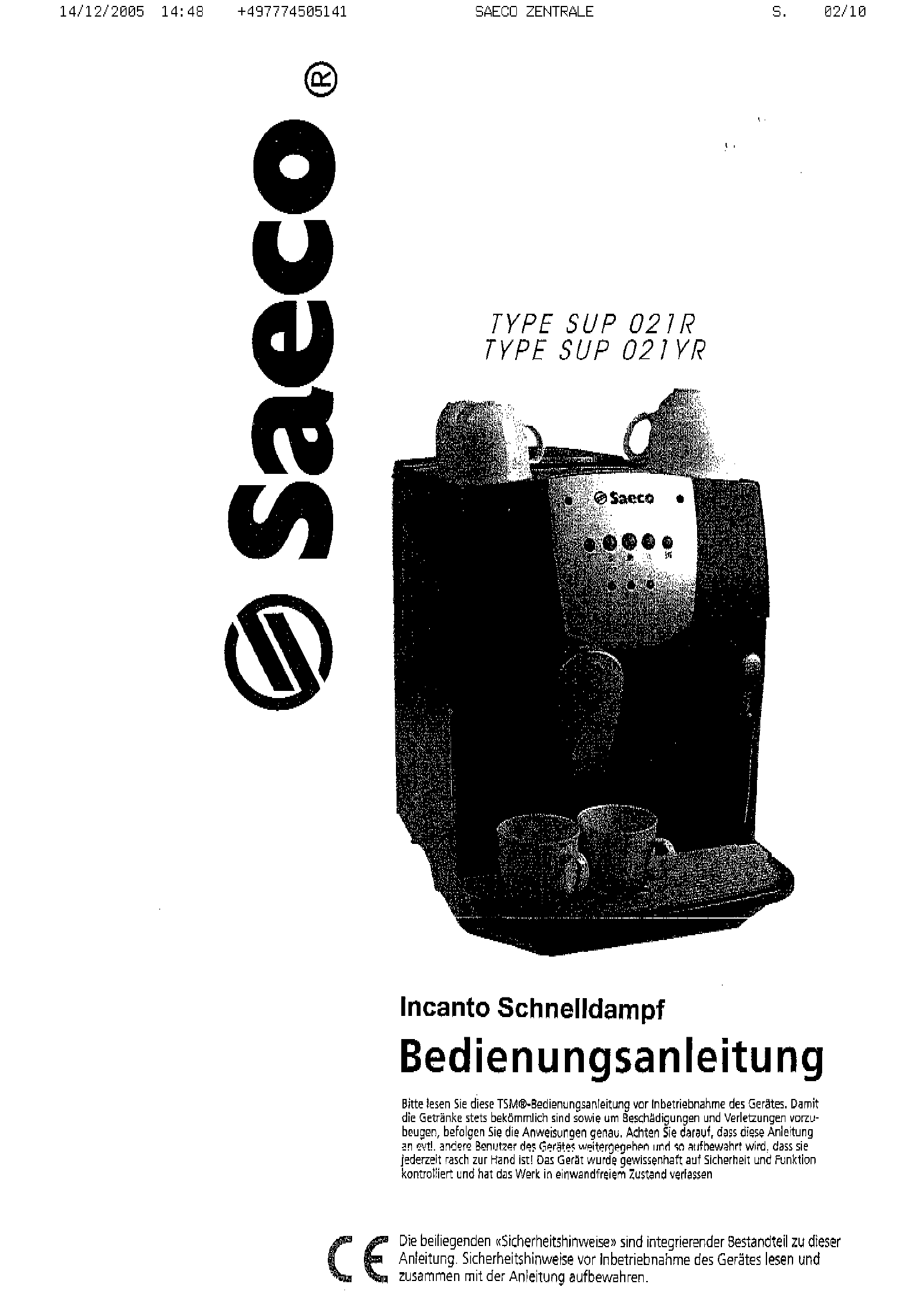 Bedienungsanleitung Saeco incanto rapid steam (Seite 2 von 10) (Deutsch)