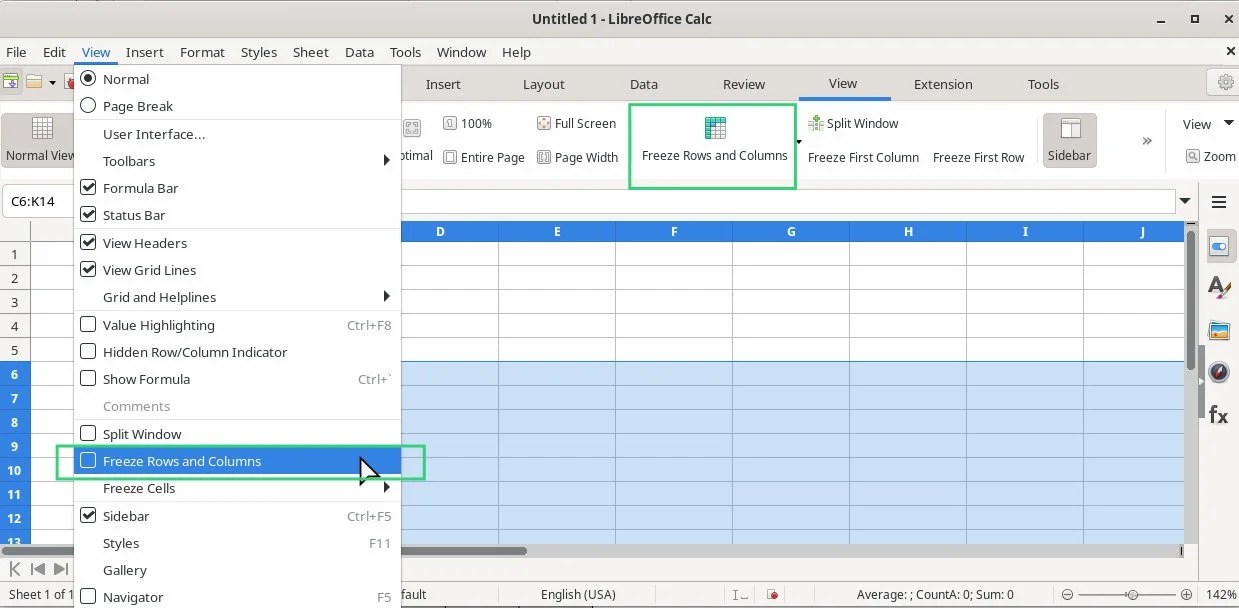 How to Freeze and Unfreeze Rows & columns in LibreOffice Calc