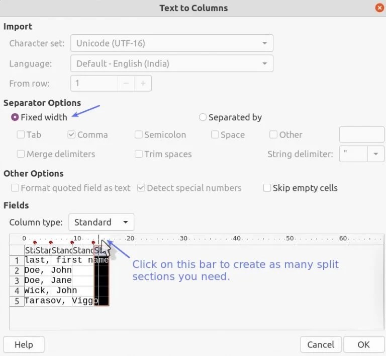 Split Cell Content into Multiple Columns in LibreOffice Calc