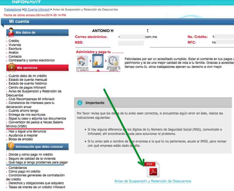 Obtener el Aviso de Suspensión y Retención de Infonavit