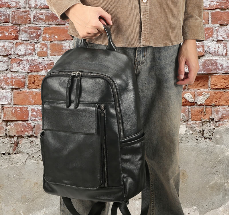 groß Herren Rucksack Leder schwarz für Reisen Laptoptasche