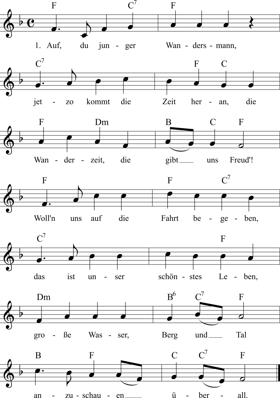 Auf, du junger Wandersmann Noten, Liedtext, MIDI, Akkorde