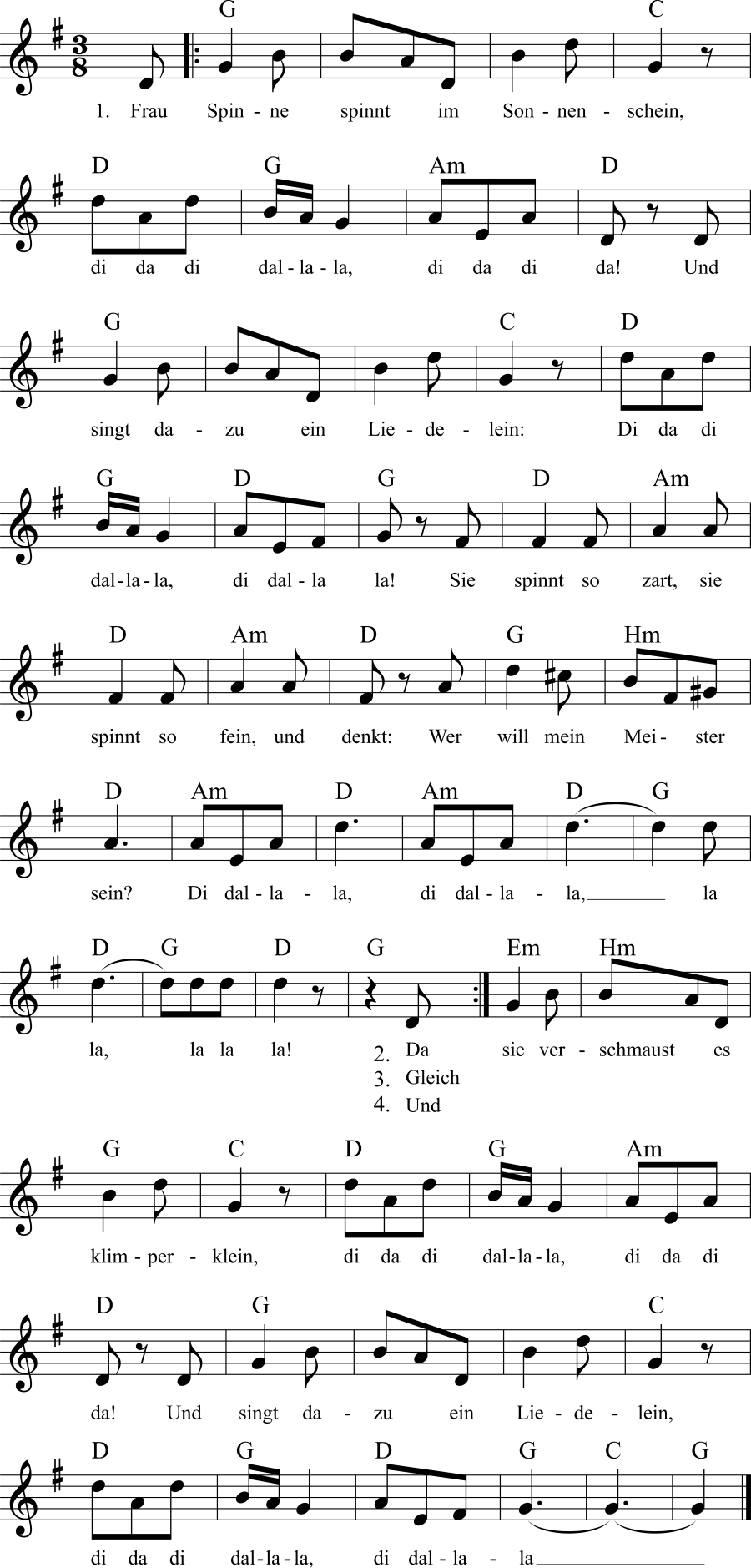 Frau Spinne Noten, Liedtext, MIDI, Akkorde